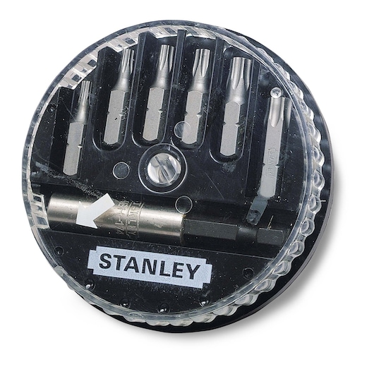 STANLEY 1-68-739 bit set in round clear case, showing multiple screwdriver bits front view.