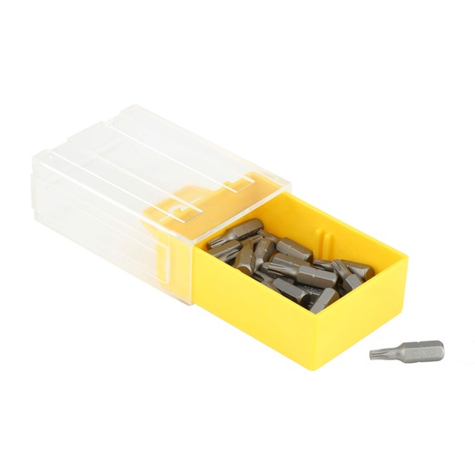 Yellow box with gray screwdriver bits and clear lid, one bit outside the box, STANLEY brand.