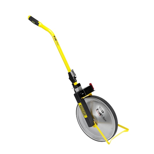 Stanley measuring wheel with yellow handle and large wheel for accurate long-distance measurements.