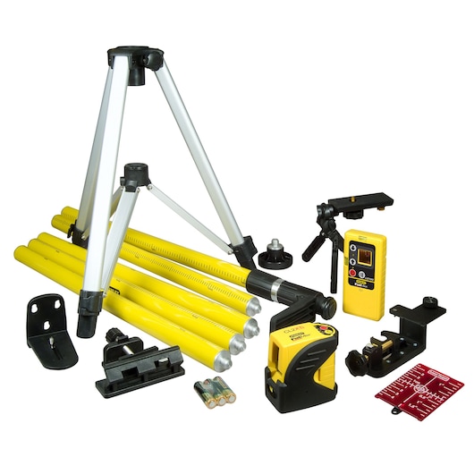 Stanley tripod and leveling kit including laser, rods, remote, batteries, and accessories for photography or measuring.