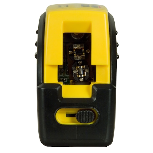Close-up of a Stanley electronic device with yellow and black casing, showing its internal components.