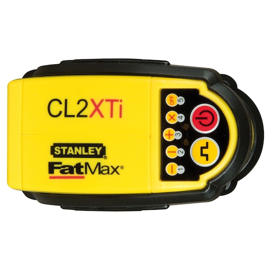 Stanley FatMax CL2XTi laser detector with yellow casing and control buttons on top.