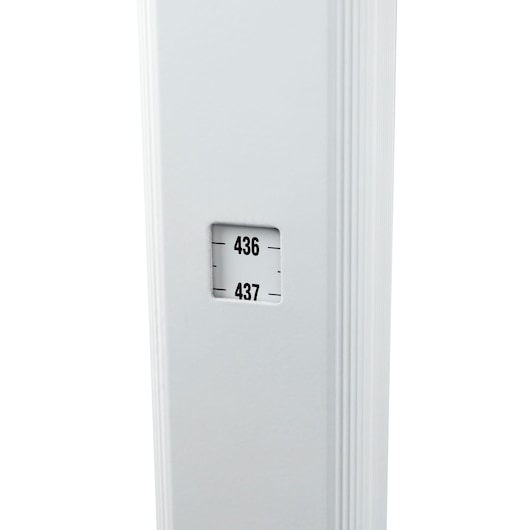 STANLEY 1-77-161 photography of a white measuring rod close-up showing numbers 436 and 437 on a scale, side angle.