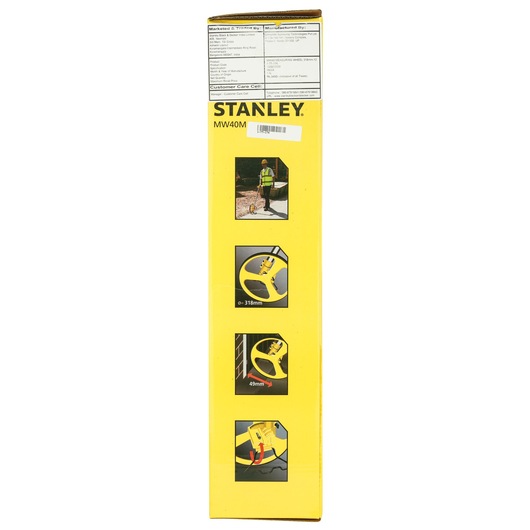 STANLEY MW40M 1-77-174 measuring wheel product box, yellow with feature images, side angle.