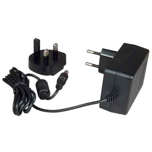 STANLEY 1-77-439 power adapter with black cord, UK and EU plug attachments, product angle on white background.