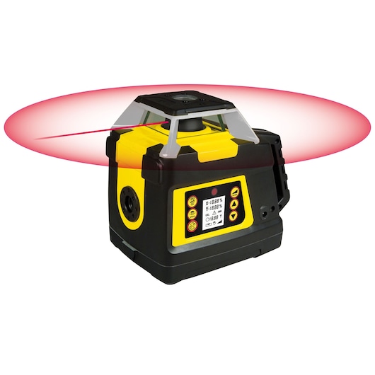 STANLEY 1-77-439 rotating laser level, black and yellow, front angle, with red 360-degree laser line visible.