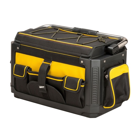 Stanley black and yellow tool bag with multiple pockets and a sturdy handle.