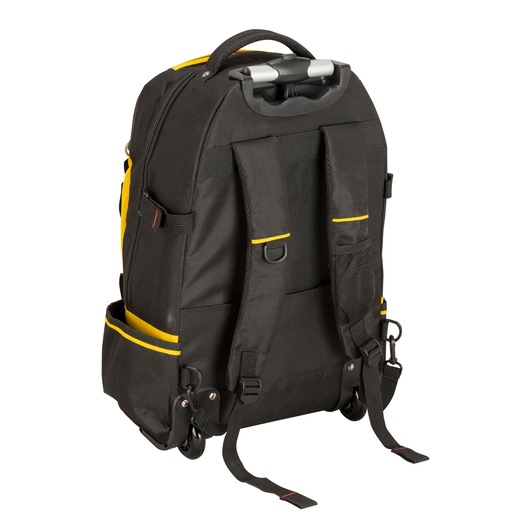 STANLEY 1-79-215 tool backpack with wheels, black and yellow, rear view on white background.