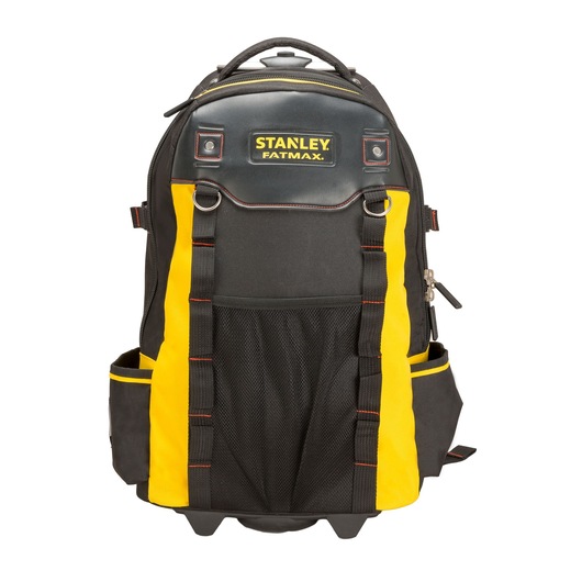 Photo of STANLEY 1-79-215 tool backpack, black and yellow, front angle, multiple pockets and handle.