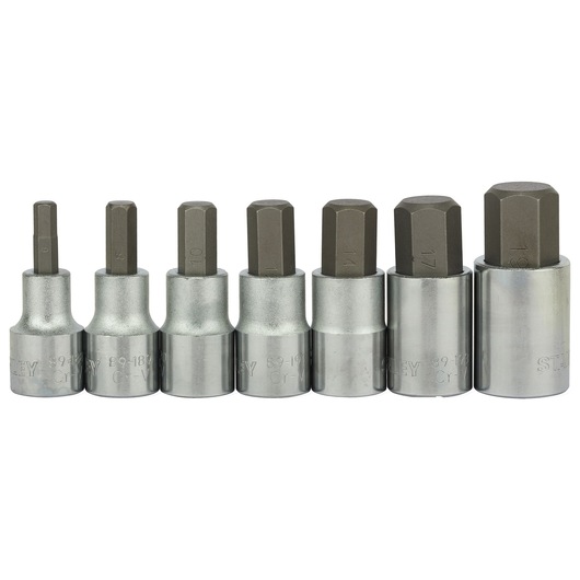 Stanley 1-89-099 hex bit socket set, seven silver and grey pieces, front angle, on white background.