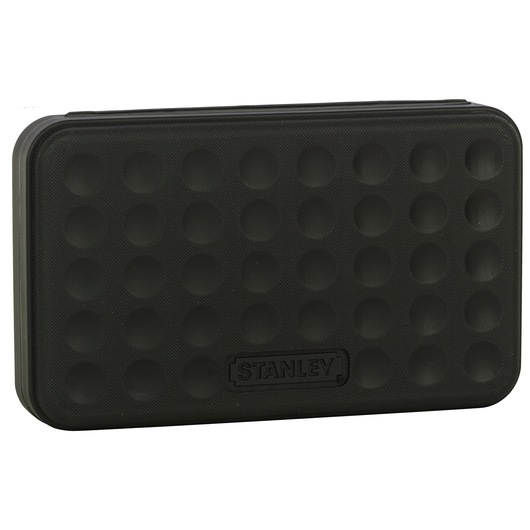 Black STANLEY case with rounded edges and circular pattern on the surface, used for tool or accessory storage.