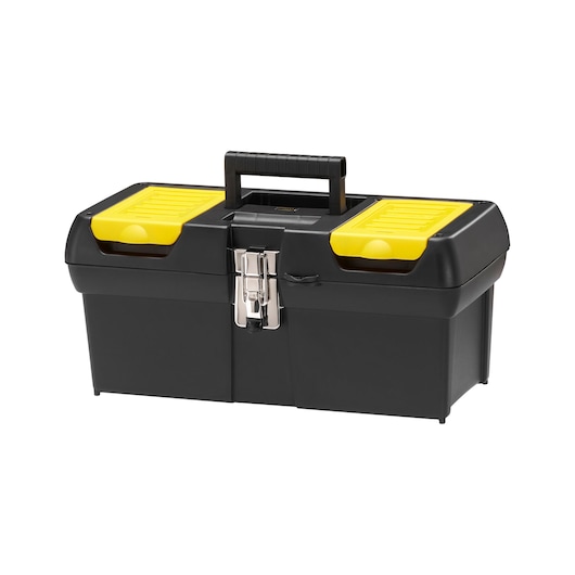 Photo of STANLEY 1-92-065 black toolbox with yellow compartments, metal latch, and top handle, front angle.