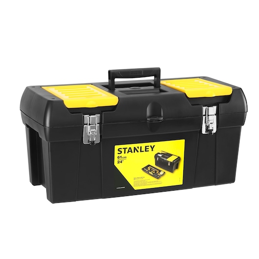 Stanley black and yellow toolbox with handle and metal clasps, 61 cm, model 1-92-067.