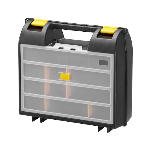 Plastic toolbox with handle, three transparent drawers, black body, and yellow latches.
