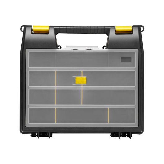 Stanley plastic organiser case with handle, transparent front and yellow latches for storing small items.