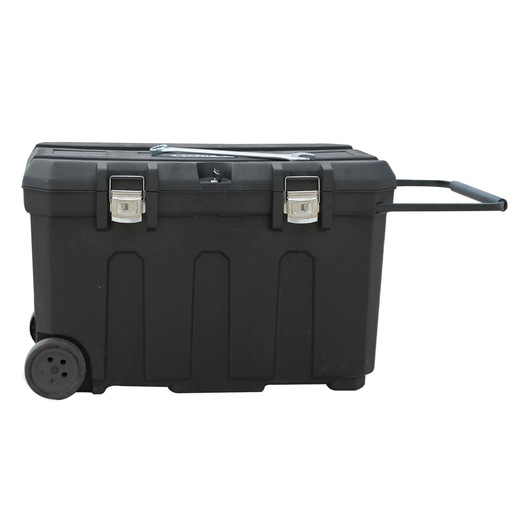 STANLEY 1-93-278 black rolling toolbox with metal latches, pull handle, and side wheels, front angle on white.