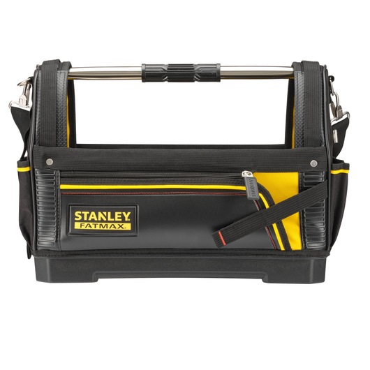STANLEY 1-93-951 tool bag, black and yellow, front angle, open top with metal handle.