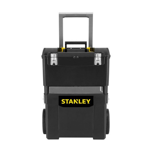 Stanley black rolling toolbox with metal latches and handle, suitable for storing photography gear.