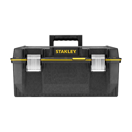 STANLEY 1-94-749 FATMAX toolbox, black with yellow accents, silver front latches, front angle photo.