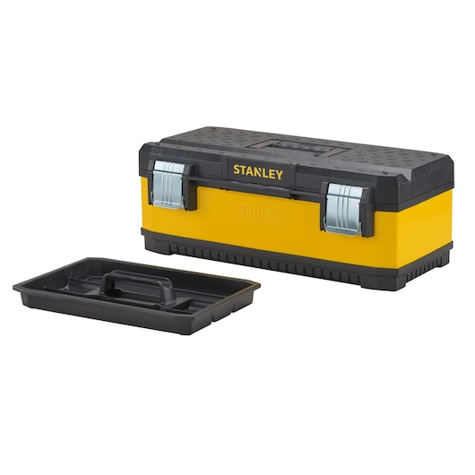 STANLEY 1-95-613 yellow and black toolbox with removable tray, shown from angled front view.