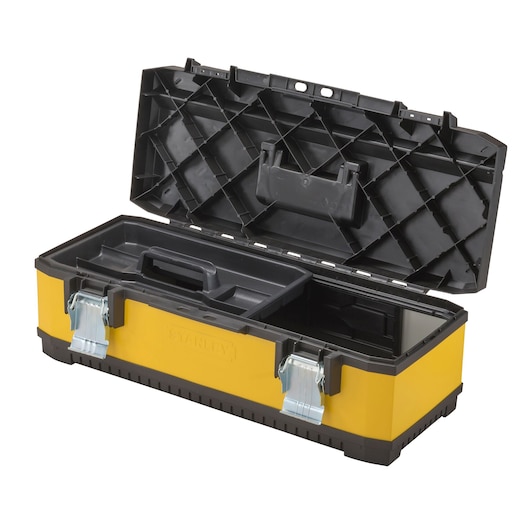 STANLEY 1-95-614 yellow and black toolbox with open lid and removable tray, front angle on white background.