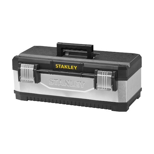 STANLEY 1-95-619 metal and plastic toolbox, front angle, with black handle and dual metal latches.