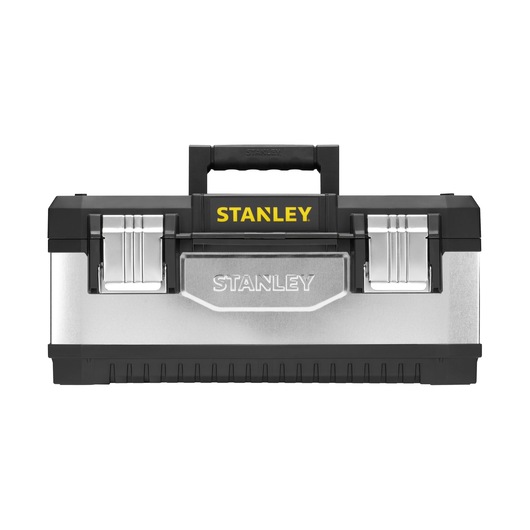Photo of STANLEY 1-95-619 metal toolbox, front view, with black handle and silver latches.