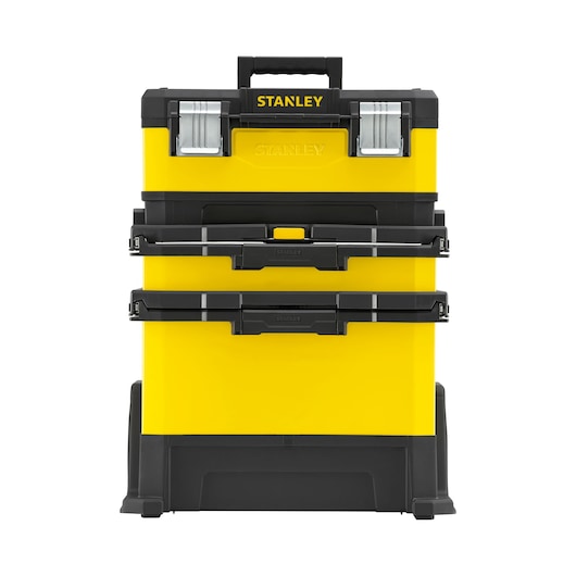 Front view photo of STANLEY 1-95-621 yellow and black rolling tool chest with three compartments and top handle.
