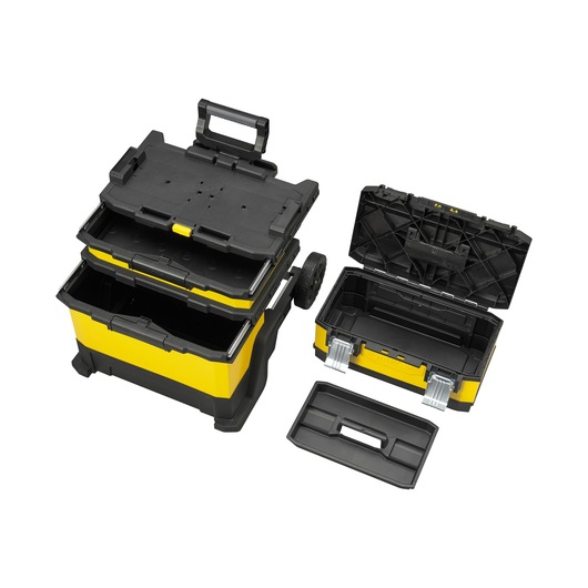 STANLEY 1-95-621 mobile tool box set with detachable compartments, black and yellow, shown open, angled top view.