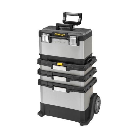 STANLEY 1-95-622 rolling metal tool box stack with four compartments, black and silver, front angle photo.