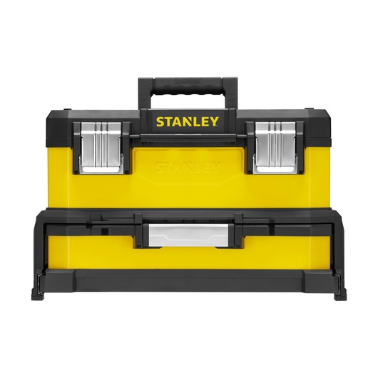 Stanley yellow and black toolbox with metal latches and a sturdy handle, shown from the front.