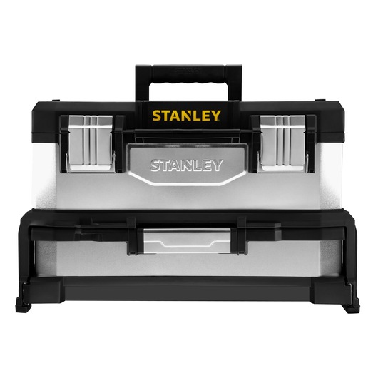STANLEY 1-95-830 metal toolbox with black plastic latches, front view on white background.