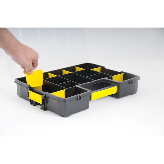 STANLEY 1-97-483 organizer box with yellow dividers, top angle, hand adjusting compartment.