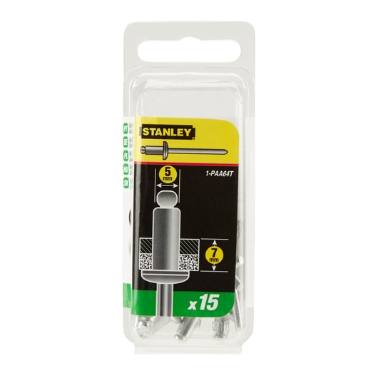 STANLEY 1-PAA64T photography, front view of 15-pack silver rivets in clear plastic packaging.