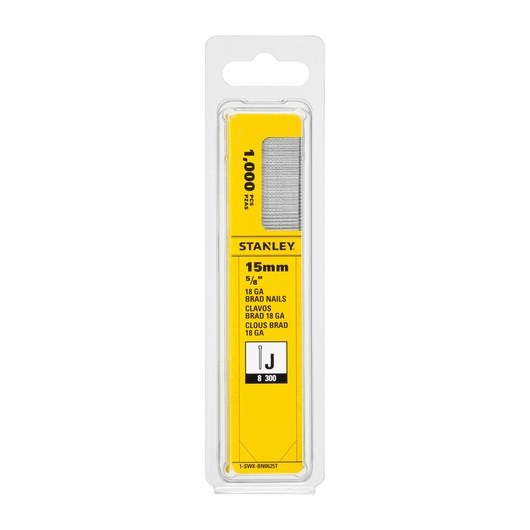 STANLEY 1-SWK-BN0625T pack of 18 gauge, 15mm brad nails in clear blister packaging, product photography front view.