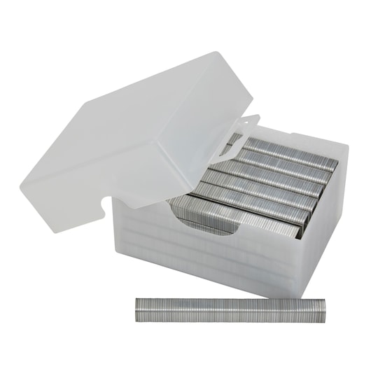 Plastic box with silver staples, lid open, one staple strip placed in front.