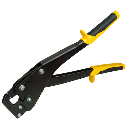Stanley 15-261 hand seamer, black and yellow, side angle, textured grip handles.