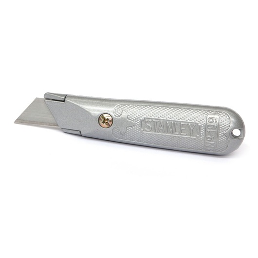 STANLEY 2-10-199 silver utility knife with textured grip, side view on white background.