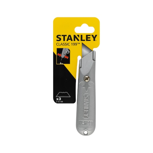 STANLEY 2-10-199 classic utility knife, silver metal handle, front view, packaging with yellow and black card.