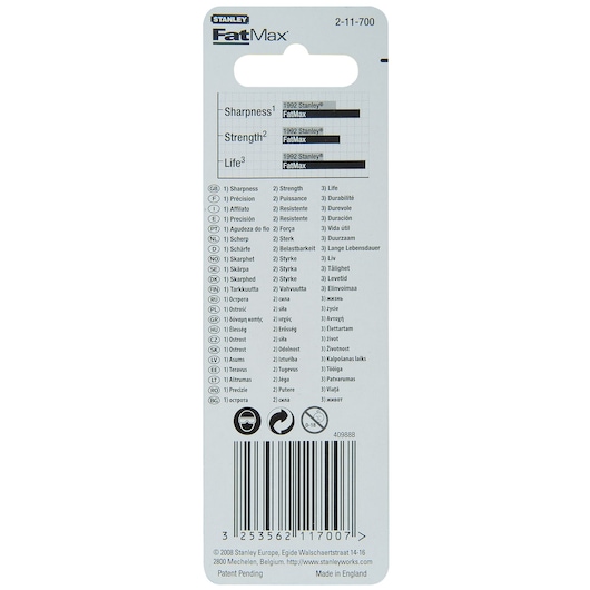 Stanley 2-11-700 FatMax product packaging, rear view with barcode and multi-language info.