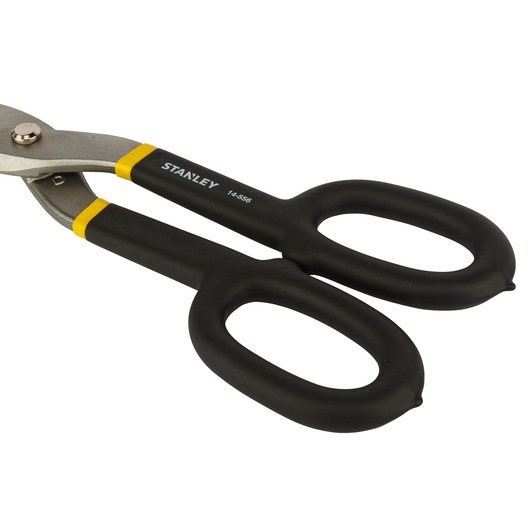 STANLEY 2-14-556 snips with black and yellow ergonomic handles, side angle on white background.