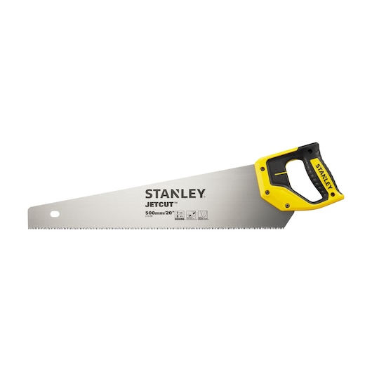 STANLEY 2-15-288 hand saw with yellow and black handle, side view on white background.