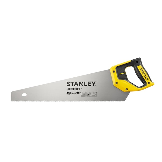 Stanley Jetcut hand saw with yellow and black handle, 450mm blade, shown against a white background.