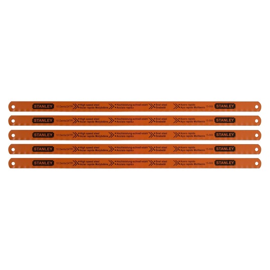 Set of five orange STANLEY high speed steel saw blades with product details printed on each blade.