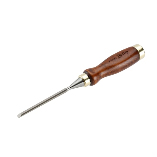 Wood handle chisel with metal blade and brass accents, suitable for woodworking and precise tasks.