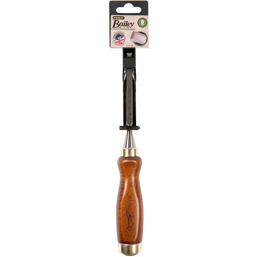 STANLEY 2-16-383 wood chisel with a polished wooden handle, brass ferrule, and protective cap, front view.