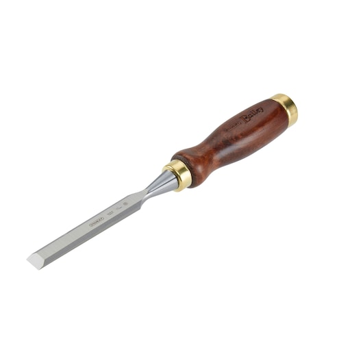 Wood handle chisel with brass accents and steel blade, used for woodworking and carving.