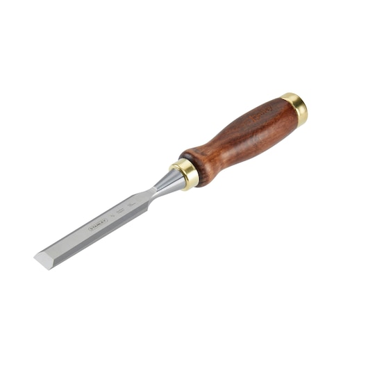 STANLEY 2-16-389 wood chisel with polished blade and wood handle, product photography, angled on white.