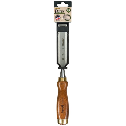 STANLEY 2-16-392 wood chisel with wooden handle, 25 mm blade, photographed vertically on white background.