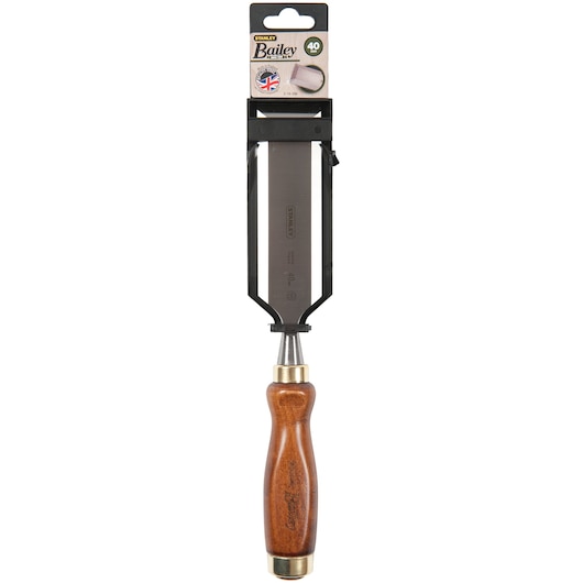 STANLEY 2-16-396 woodworking chisel, straight-on angle, wooden handle, metal blade, white background.